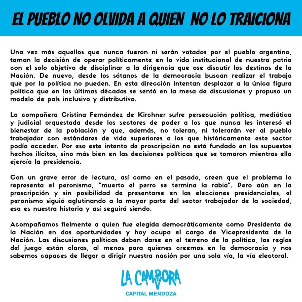 El comunicado que emitió la filial de La Cámpora Capital luego de la alocución de Cristina Fernández.