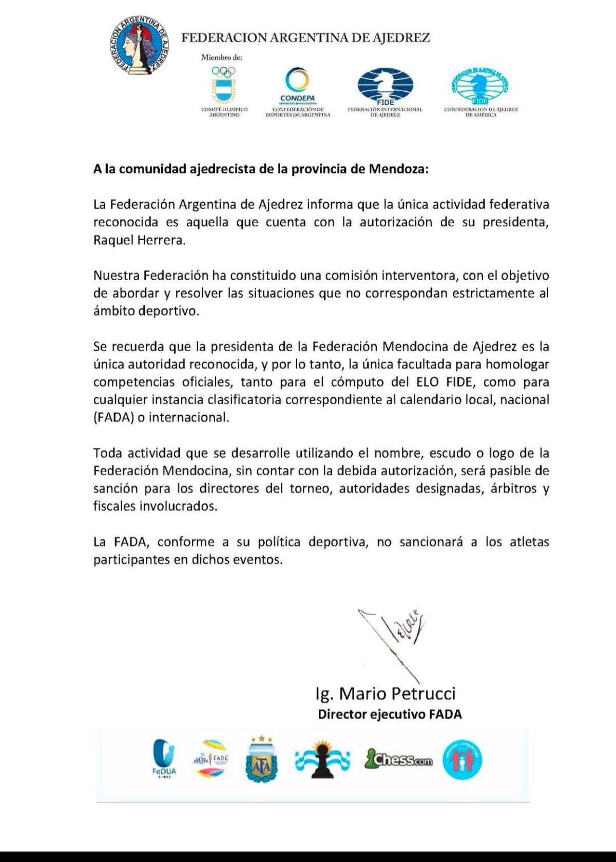 Comunicado de la Federación Argentina de Ajedrez Comunicado de la Federación Argentina de Ajedrez