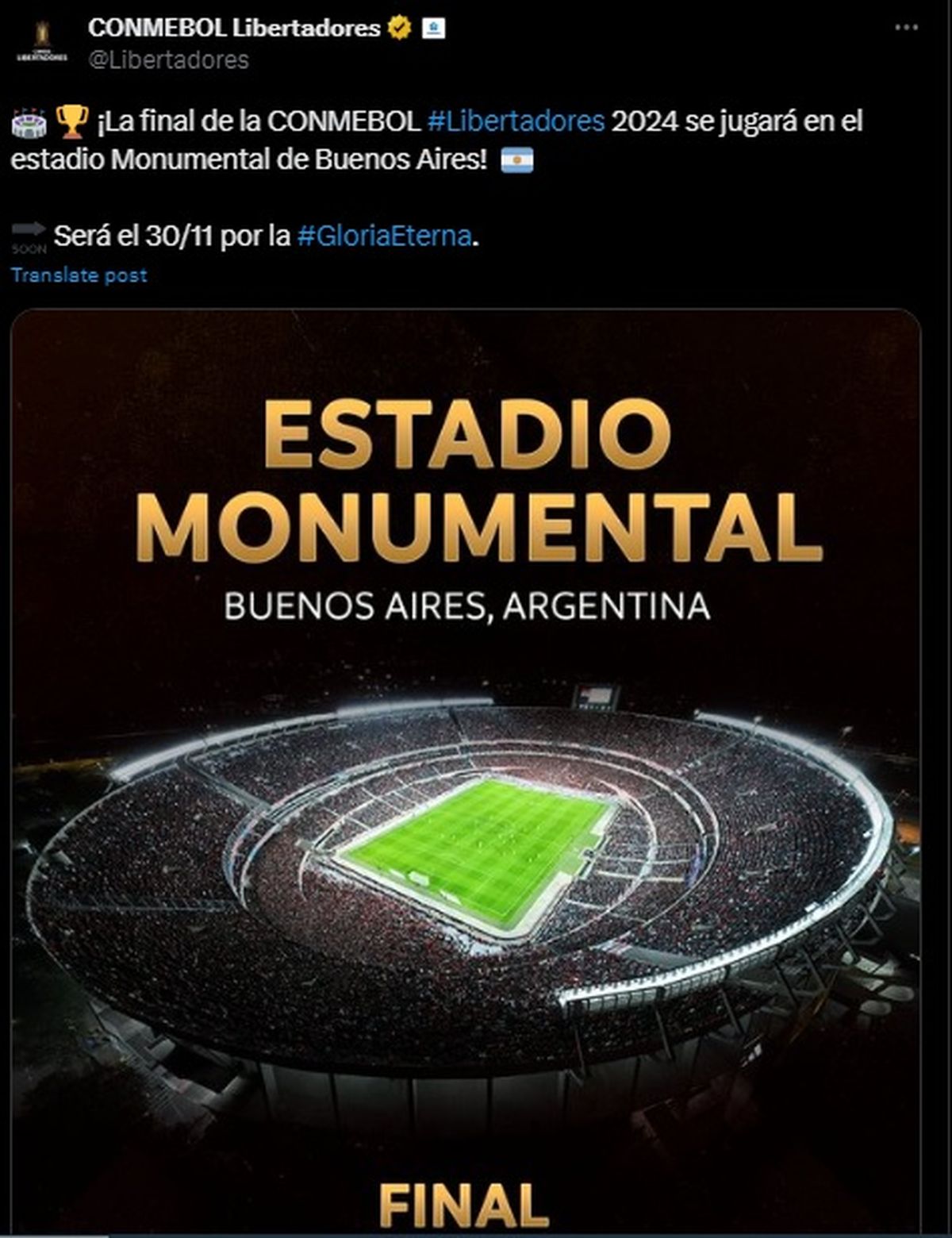 El anuncio de la Conmebol sobre el Más Monumental como sede en la red social X. El anuncio de la Conmebol sobre el Más Monumental como sede en la red social X.