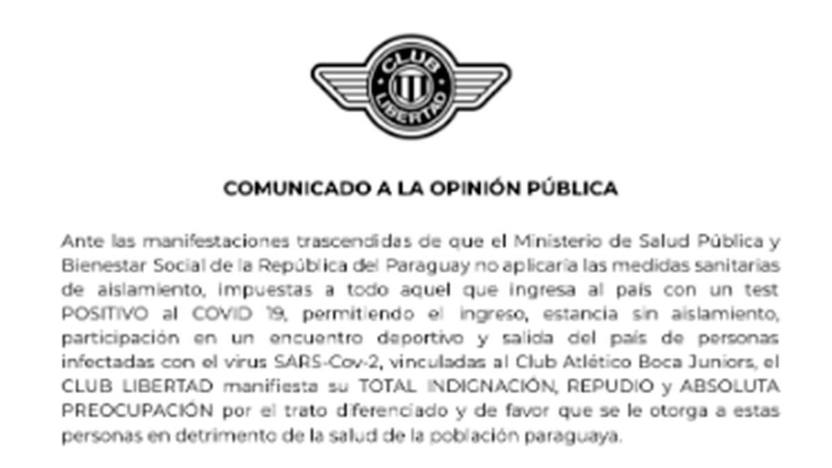 Un duro comunicado de Libertad contra la habilitación a viajar de positivos en coronavirus de Boca