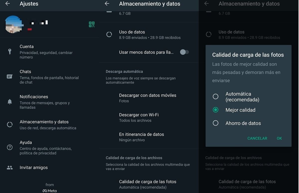 Configurar la calidad de envío de las fotos en WhatsApp
