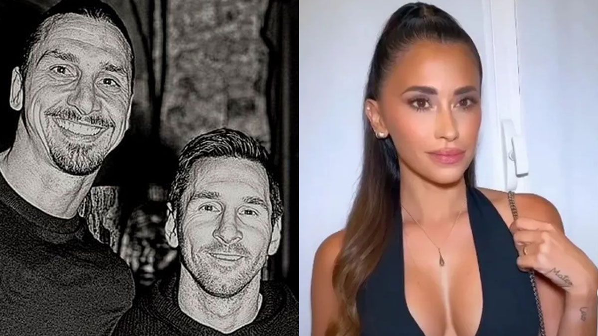 Messi posa con Zlatan Ibrahimovic. A la derecha está Antonela Roccuzzo.