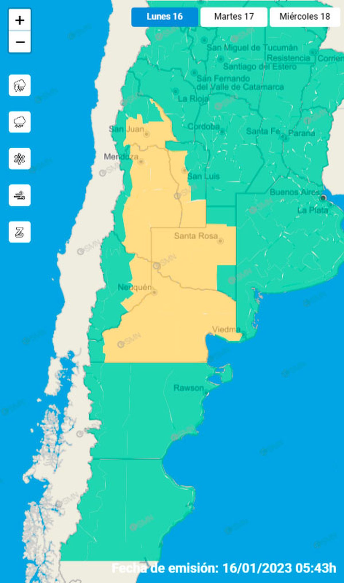 Mapa del Servicio Meteorológico Nacional con alerta amarilla para gran parte de Mendoza.